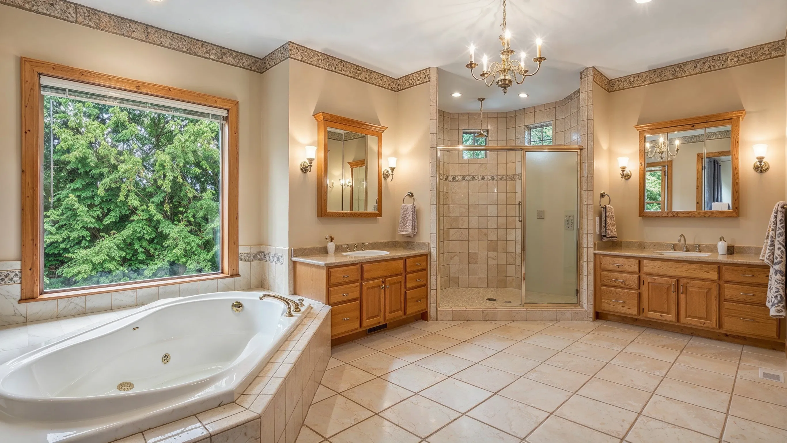 Before photo of bathroom remodeling project in Los Angeles with traditional tile floors, built-in bathtub, older wood vanities, framed mirrors, shower enclosure, and dated bathroom finishes