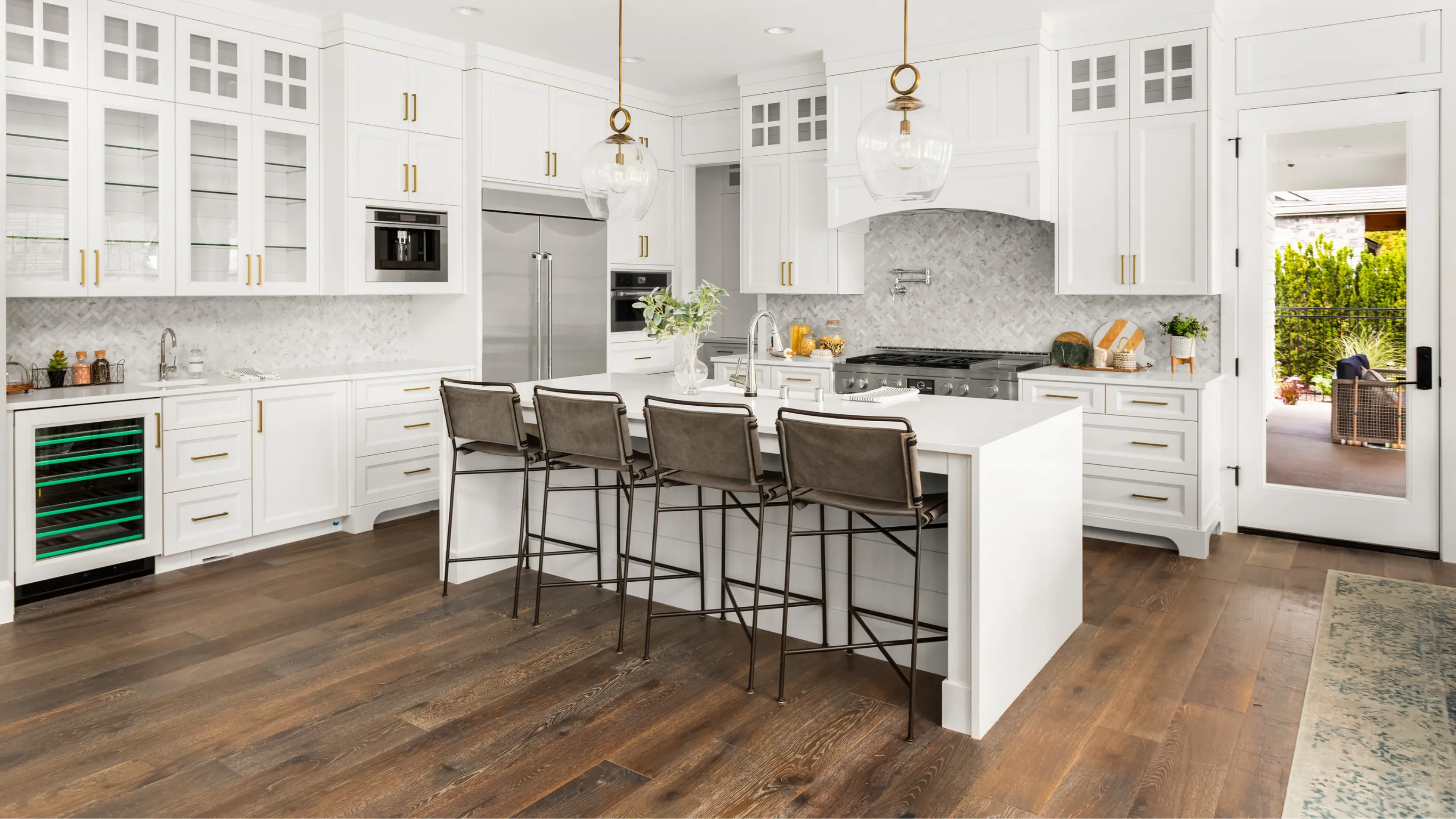 Kitchen remodeling project in Los Angeles — white cabinets and island before and after