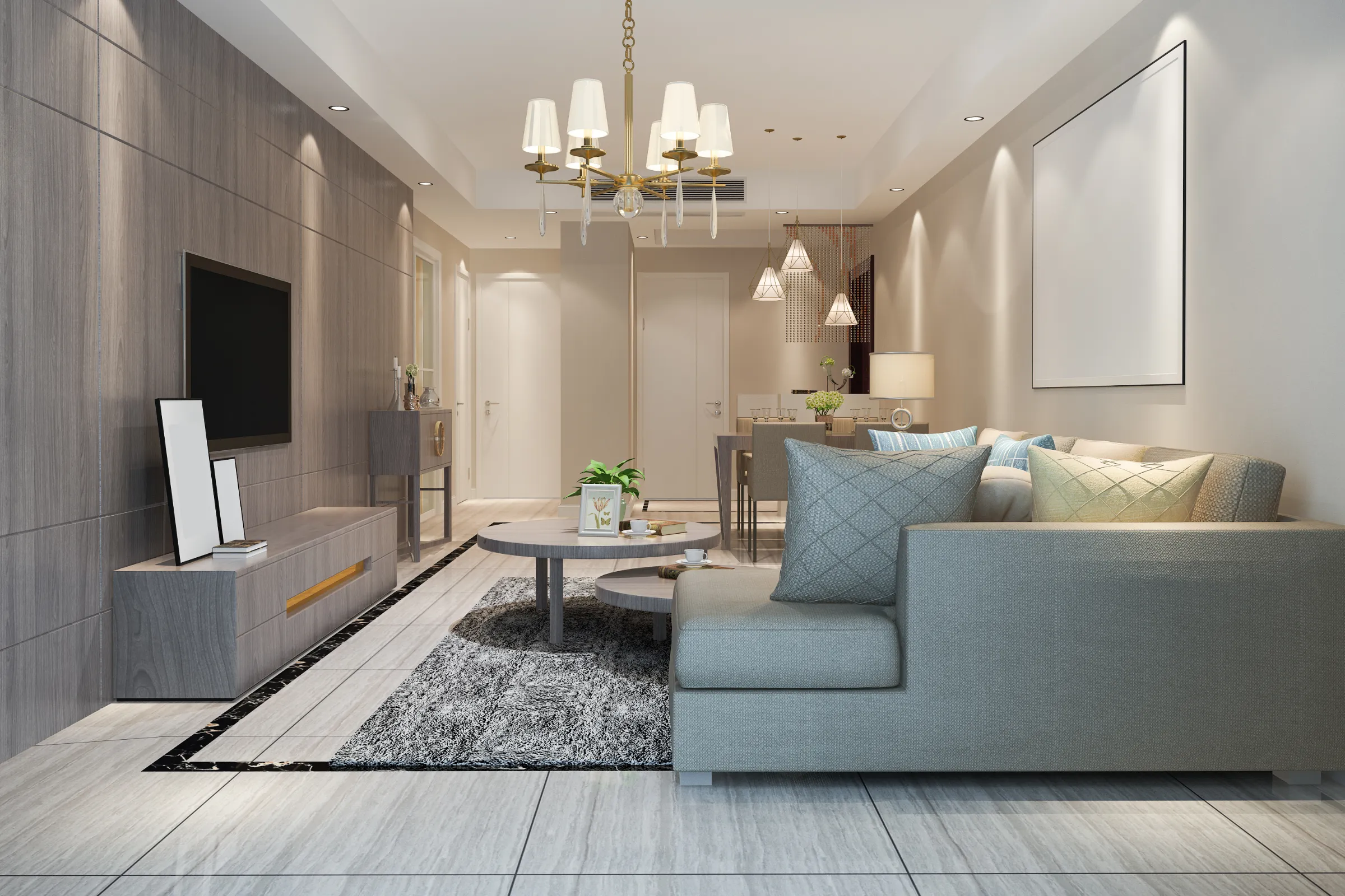 Remodeling permits and planning in Los Angeles for a modern living room remodel with custom lighting, wall finishes, furniture layout, and interior renovation preparation